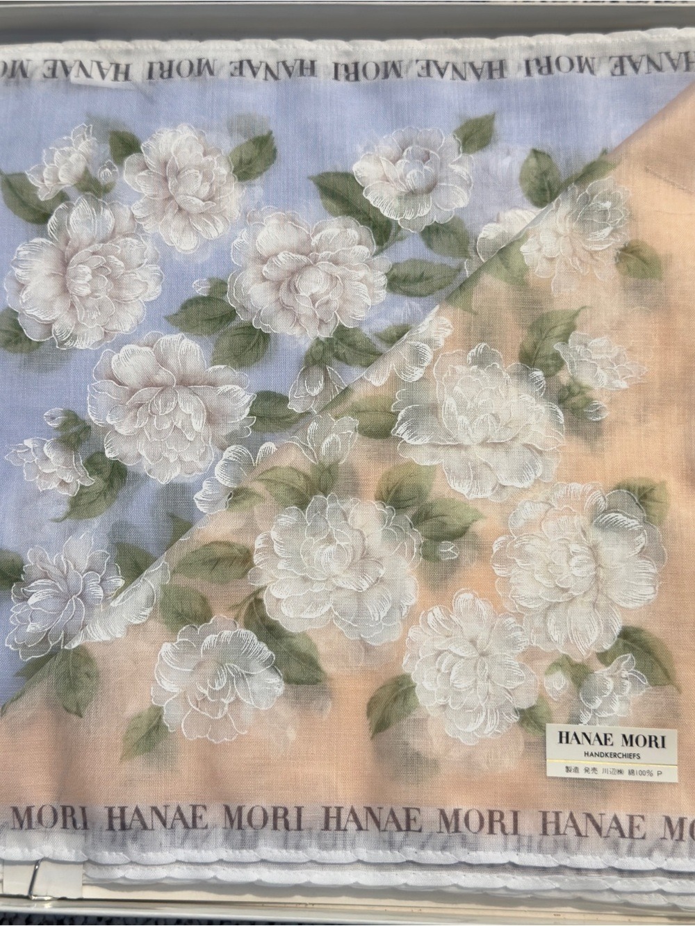 Hanae Mori 2pcs set Floral Handkerchief - Blue & Peach - Picture 6 of 6